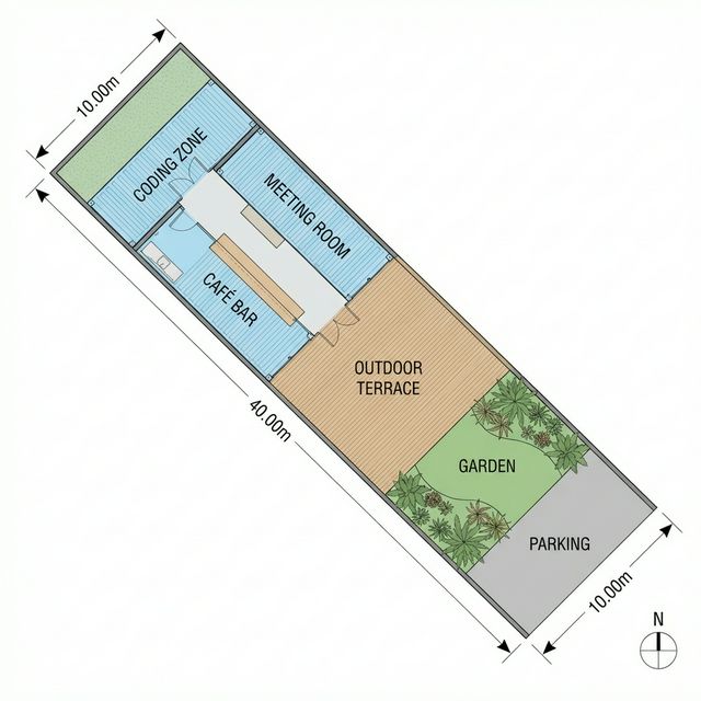 Sơ đồ mặt bằng F&B Container — bố trí 3 container 10x40m với cafe bar, meeting room, rooftop deck