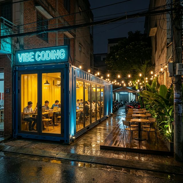 F&B Container Café Sa Đéc với đèn neon cyberpunk về đêm